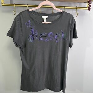 Diesel Women's Gray T-Shirt with Purple Accents